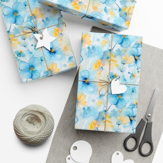 Discover Watercolor Pale Blue & Yellow Flowers Wrapping Paper