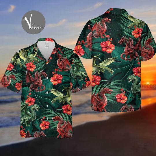 Discover Red Dragon Tropical Hawaiian Shirt, Mythical Dragon Summer Shirt, 3D Hawaiian Aloha Shirt