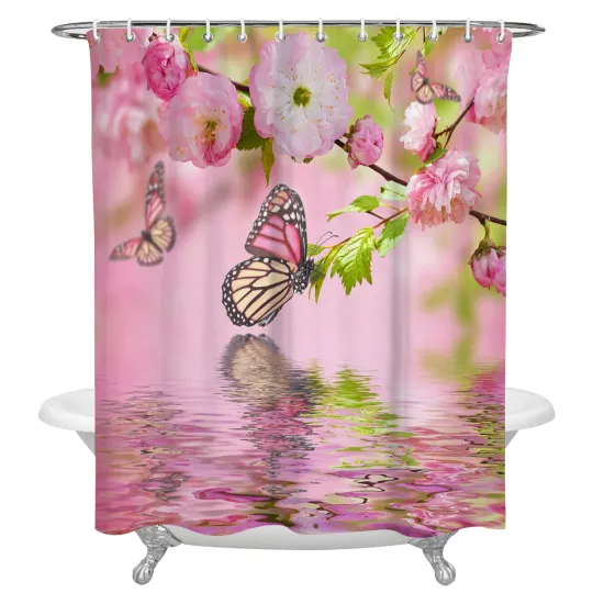 Discover Butterfly Water Wave Pink Flower Shower Curtains Bathroom