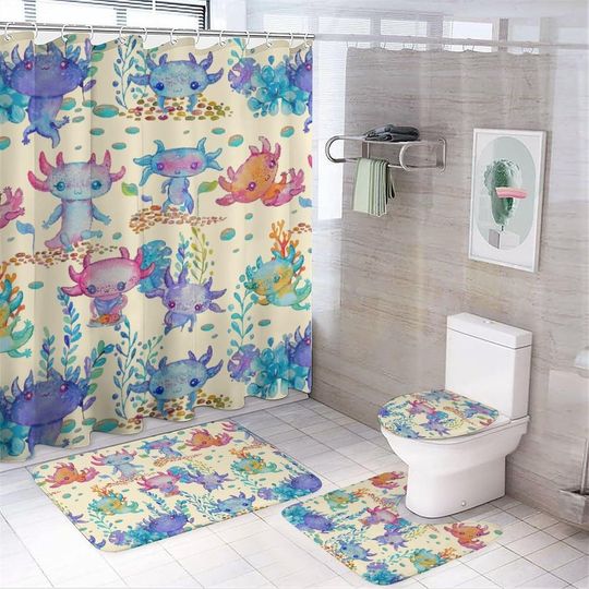 Discover Watercolor Cute Axolotl 4 Piece Shower Curtain Set Rugs Toilet Lid Cover and Bath Mat Bathroom Sets