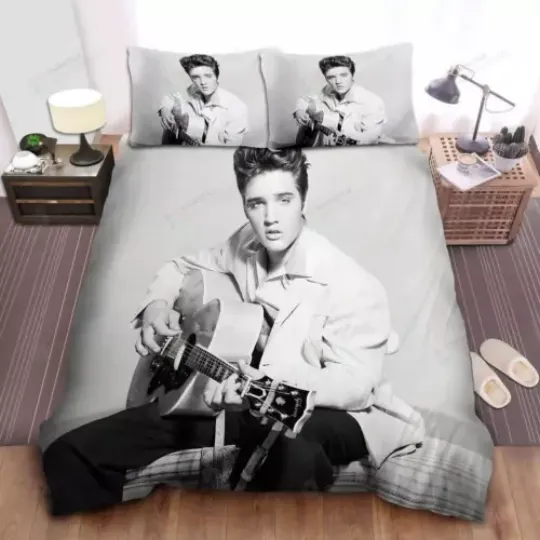 Discover Elvis Presley With Guitar In Black White Photograph Quilt Duvet Cover Bedding Set
