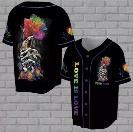 Discover Custom Name Lgbt Love Is Love Skeleton Rainbow Baseball Jersey 3D All Over Print