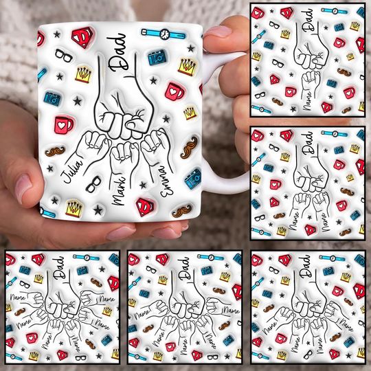Discover Personalized Dad Fist Bump Mug, Dad 3D Inflated 11oz Mug, Dad 3D Puff 11oz Mug