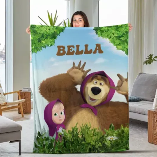 Discover Custom Name Marsha And Bear Blanket, Cute Bear Fleece Blanket Cartoon Blanket