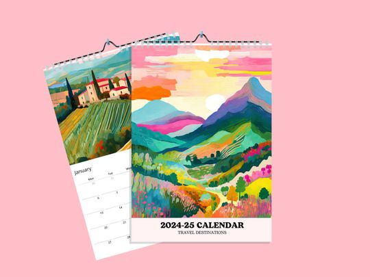 Discover 2024 Travel Wall Calendar, Monthly Calendar Planer, Travel illustrated calendar