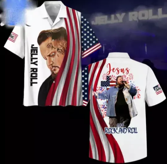 Discover Jelly Roll Jesus And Rock And Roll Hawaiian Shirt American Flag 4Th Of July