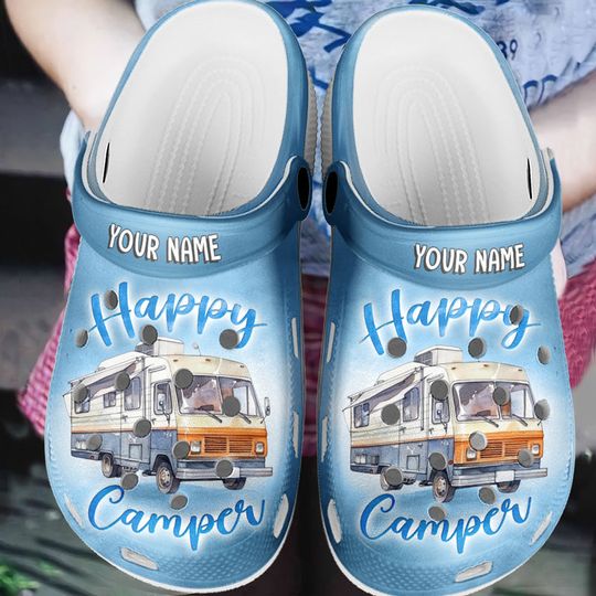 Discover I Am A Happy Camper - Camping Personalized Custom Unisex Clogs, Slide Sandals - Gift For Camping Lovers