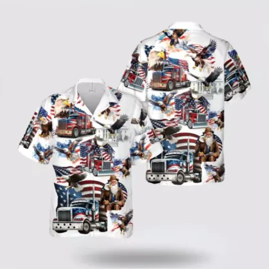 Discover Trucker Truck with Eagle and American Flag, 4th Of July Hawaiian Shirt