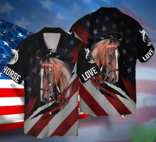 Discover 4Th Of July Love Horse American Flag Hawaiian Shirt Independence Day