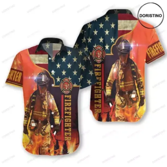 Discover Firefighter With American Flag Firefighter Hawaiian Shirt Beach Short Sleeve