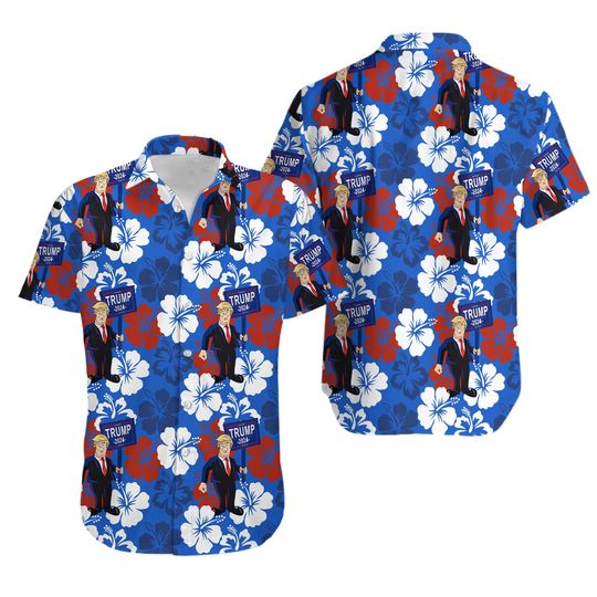 Discover Trump Hawaiian Shirt, Trumpical Re-Elect Blue Pattern, Trump 2024
