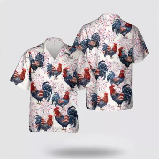 Discover Rooster in Red, White and Blue Colors of the US Flag, 4th July Hawaii Shirt