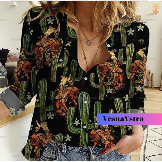Discover Cowboy Black Cactus Horse Riding Linen Shirt, Horse Shirts For Women