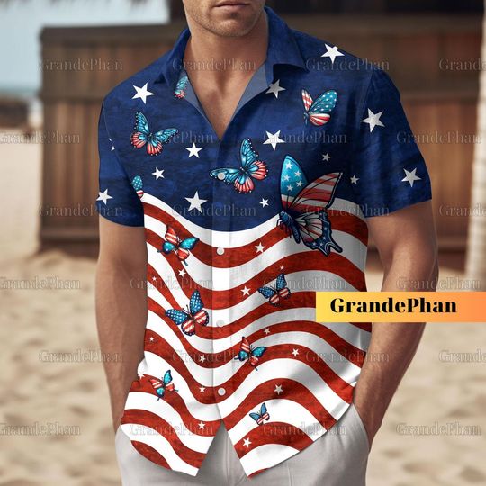 Discover Butterfly American Flag Shirt, Butterfly Hawaiian Shirt, Patriotic Shirt