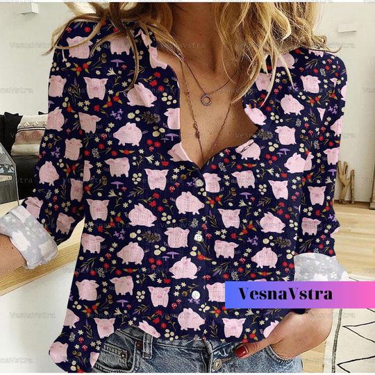 Discover Pig Shirt, Piggies Pink Cute Pattern Linen Shirt, Pig Linen Shirt Women