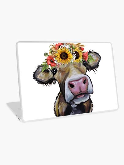 Discover Cow with Flower Crown, Cute Cow with Sunflowers | Laptop Skin
