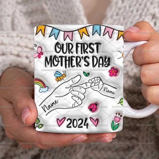 Discover Personalized Holding Moms Hand 3D Inflated Effect Mug, Our First Mother's Day 2024 Mug