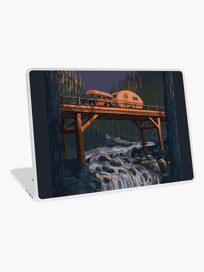 Discover Vintage Travel Camper on Bridge | Laptop Skin