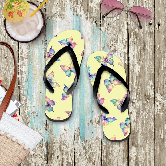 Discover Butterflies Flip Flops, Rainbow Pastel Neon Fantasy Butterflies Beach Summer Sandals