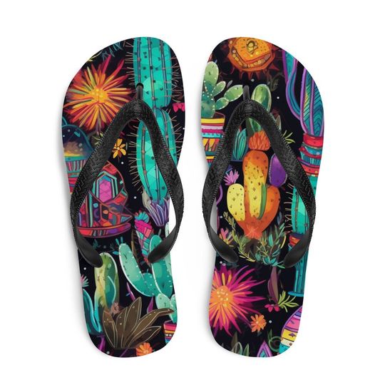 Discover Sun burst Cactus Flip Flops, Fun Beach Shoes, Summer Sandals