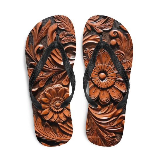 Discover Faux brown leather scrolled design -brown Flip Flops, Fun Beach Shoes, Summer Sandals