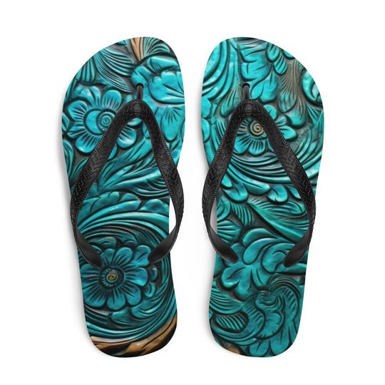 Discover Scrolled leather design blue Flip Flops, Fun Beach Shoes, Summer Sandals