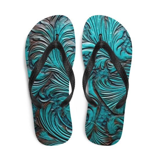 Discover Western Scroll leather blue design Flip Flops, Fun Beach Shoes, Summer Sandals