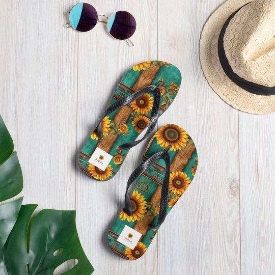 Discover Turquoise and Sunflowers Flip Flops, Fun Beach Shoes, Summer Sandals