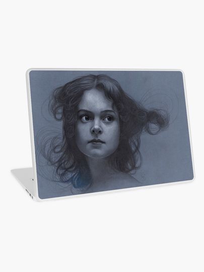 Discover Vintage Girl Portrait Art on Blue Paper | Pencil Drawing of a Girl Art Nouveau Design | Laptop Skin