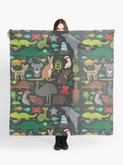 Discover Funny australian animals Echidna Platypus ostrich Emu Tasmanian devil Cockatoo parrot Wombat snake turtle crocodile kangaroo dingo octopus fish. Seamless pattern on dark background. | Scarf