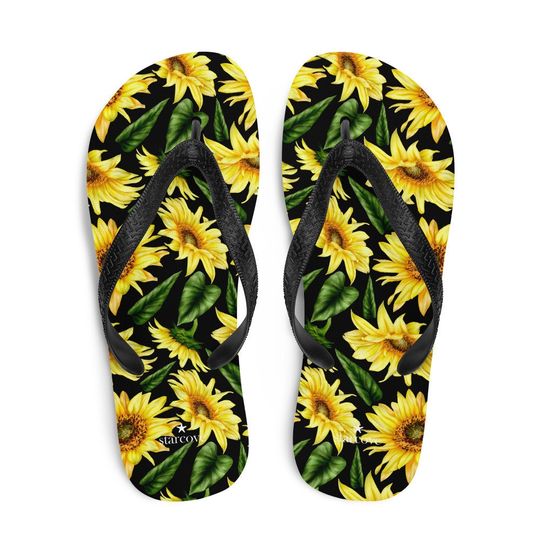 Discover Sunflower Flip Flops, Floral Flower Footwear Green Tropical Yellow Flowers Thong Sandals