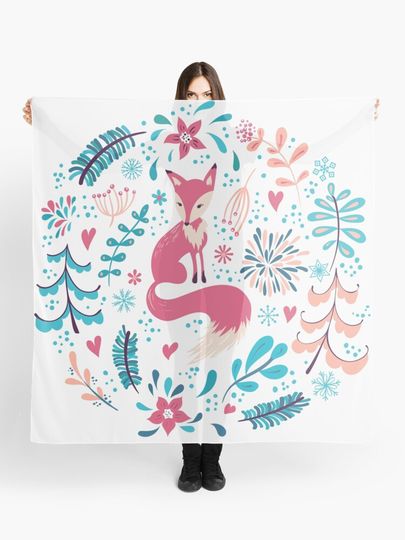 Discover Fox with winter flowers and snowflakes | Scarf
