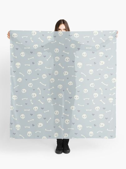 Discover Cartoon Skulls with Hearts on Light Blue Background Seamless Pattern  | Scarf