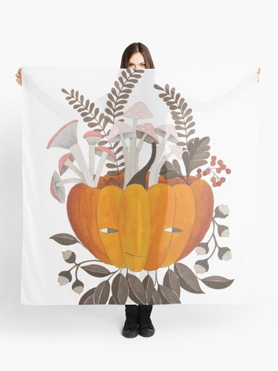 Discover Autumn pumpkin with mushrooms and leaves watercolor illustration | Scarf