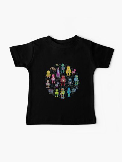 Discover Robots in Space - black - fun pattern by Cecca Designs | Baby T-Shirt