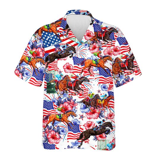 Discover Patriotic Horse Racing Hawaiian Shirt Men Women, American Flag Shirt 4th of July