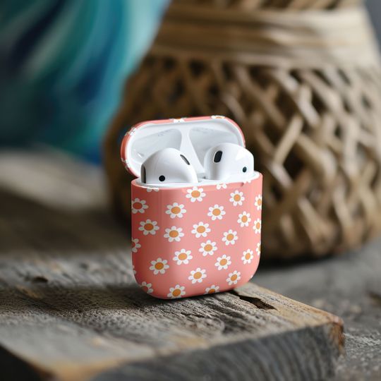 Discover Pink Peach Floral Daisy Kawaii Aesthetic AirPods 1 2 Pro Case with Keychain