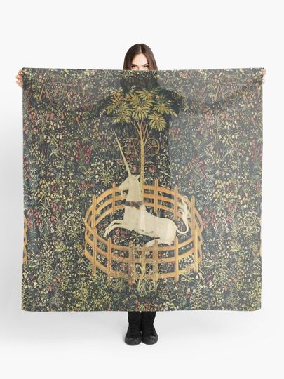 Discover UNICORN IN CAPTIVITY AND GOTHIC FANTASY FLOWERS, GREEN FLORAL MOTIFS | Scarf