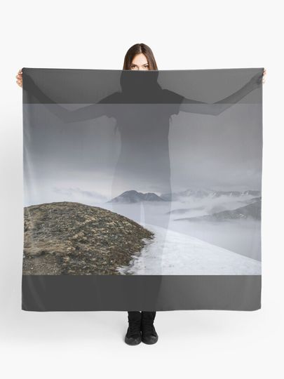 Discover Dark mountain landscape. Snowy mountains in the deep fog. No Man&apos;s land | Scarf