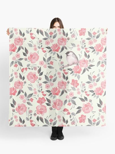 Discover Bird and red flowers. Spring watercolor pattern | Scarf