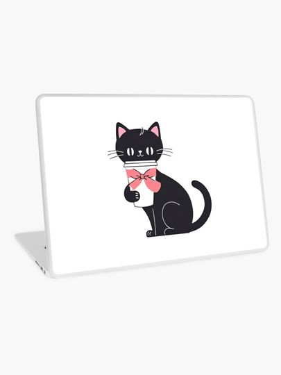 Discover Black cat drink coffee with pink ribbon cup vector with Ai artwork | Laptop Skin