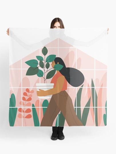 Discover Beautiful Girl with a Plant in a Pot. Minimalistic Greenhouse | Scarf