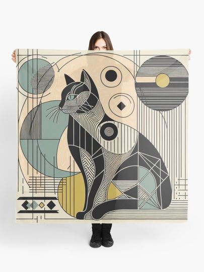 Discover Geometric Art Deco Cat Illustration - Abstract Line Art | Scarf