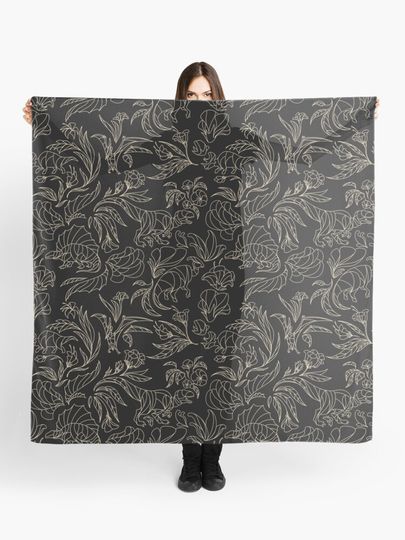 Discover Hidden Dinosaurs - Elegant Floral Pattern - Black and Gold | Scarf