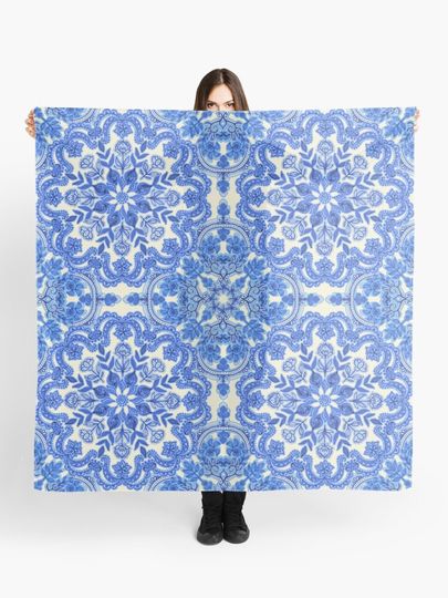 Discover Cobalt Blue & China White Folk Art Pattern | Scarf