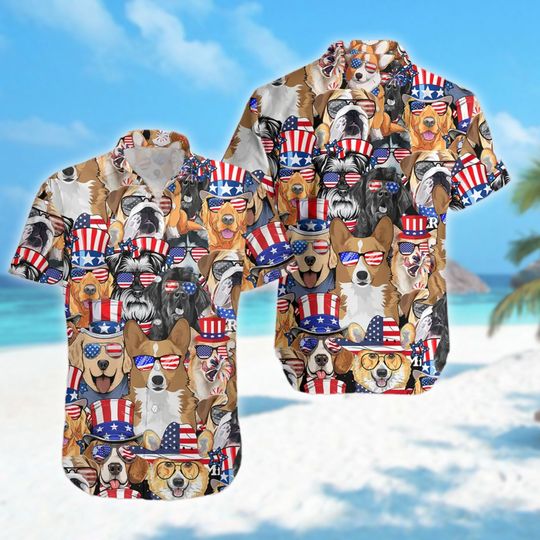 Discover American Flag Sunglasses Dog 4th Of July Hawaiian Shirt, Tropical Dog July Fourth Button Up Shirt, Friend Matching Tee, Independence Day