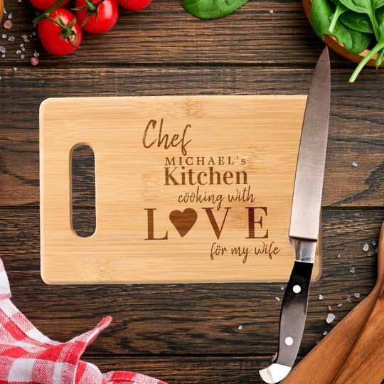 Discover Funny cute chef cooking with love custom name cutting board