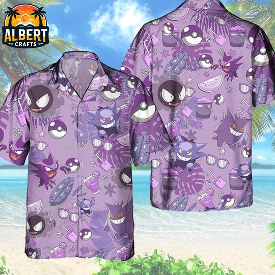 Discover PKM Gengar Hawaiian Shirt, PKM Anime Shirt, Gastly Button Up Shirt