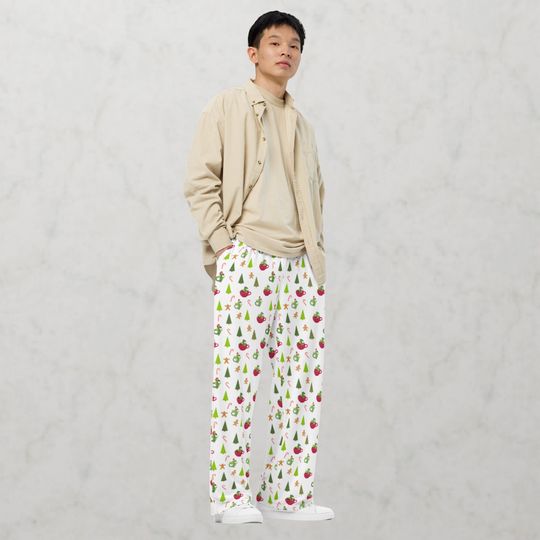 Discover Christmas tree Cute Santa Dragon print wide-leg pants, Casual elastic waist with pockets loose cozy pants