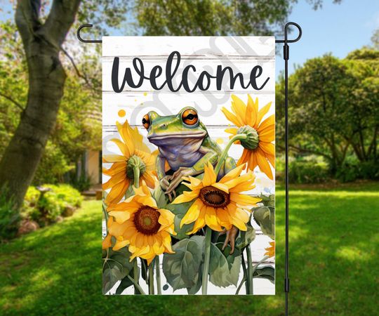 Discover Sunflower Garden Flag - Frog Welcome Edition